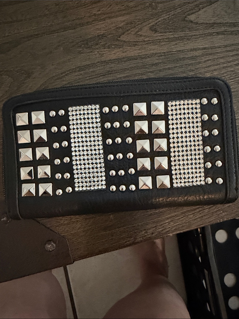 Black Studded Zip Wallet with Silver Accents